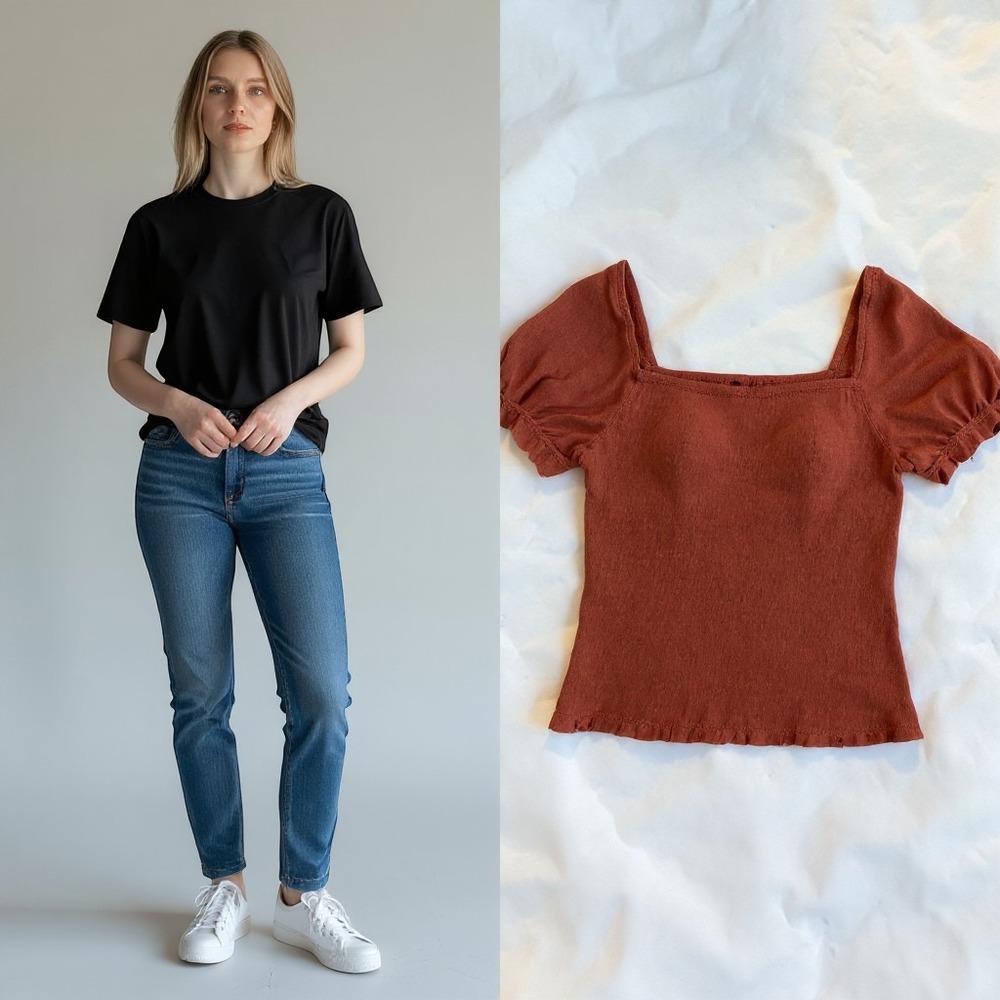Urban Romantics Smocked Puff Sleeve Top Women M Rust Excellent Square Neck Rayon